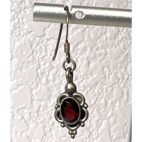 Vtg Sterling Silver 925 Garnet Dangle Earrings Faceted Red Gemstones Tested Boho - Picture 9 of 12